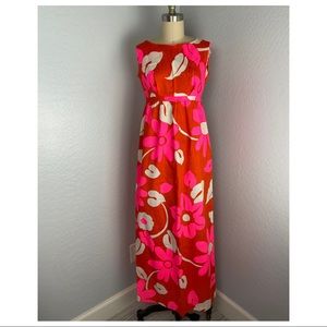 Vintage Neon Pink Red Floral Barkcloth Maxi Dress